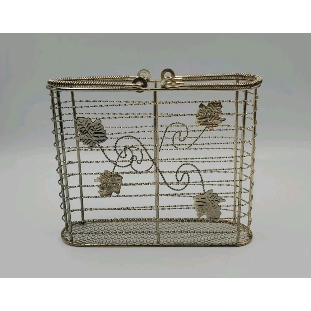 Metal Basket Wire Basket‎ Decorative With Leaves Gold Tone